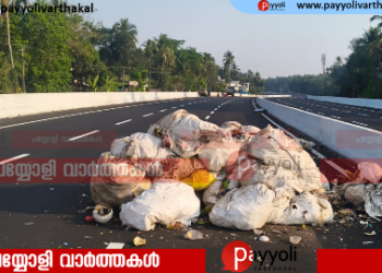 അയനിക്കാട് നിർദിഷ്ട ദേശീയ പാത 66 ൽ ആക്രി മാലിന്യങ്ങൾ തള്ളി: തള്ളിയത് ഇരുപതോളം ചാക്കുകളിലായി നിറച്ച അജൈവ മാലിന്യം