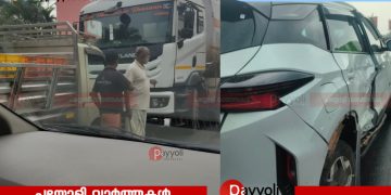 നന്തി മേൽപ്പാലത്തിൽ ടാങ്കർ ലോറി, ഇ വി കാറിലും പിക്കപ്പ് ഗുഡ്‌സിലും ഇടിച്ച് അപകടം: ഒരാൾക്ക് പരുക്ക്